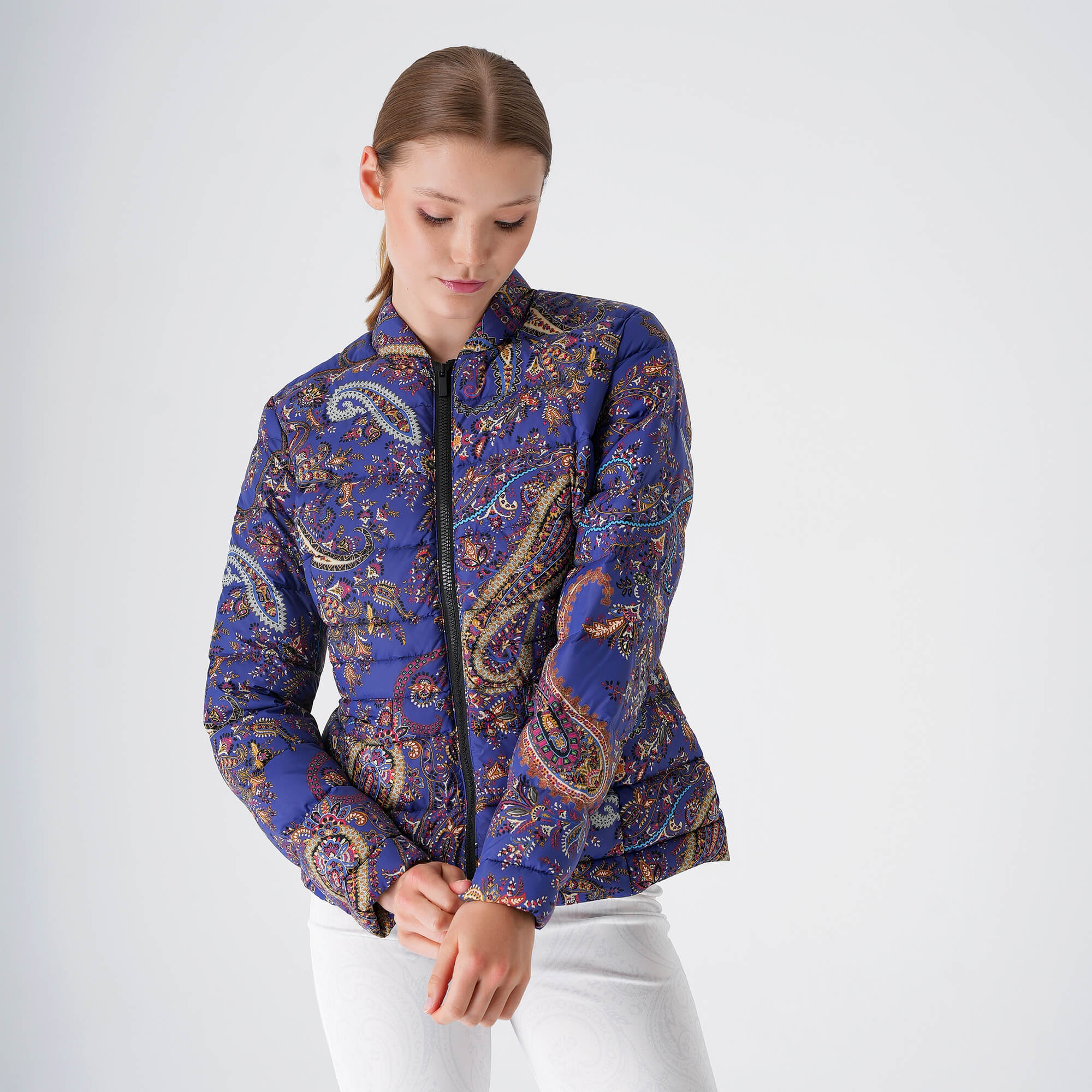 Etro - Navy Blue Ethnic Print Zippy Puffer Coat